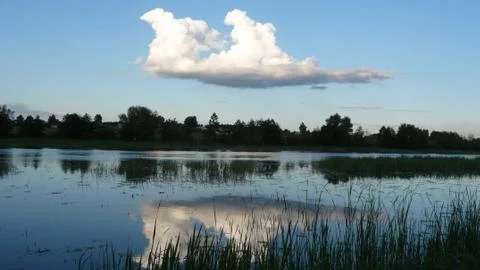 Clouds reflected in the water of the river. Stock Photos