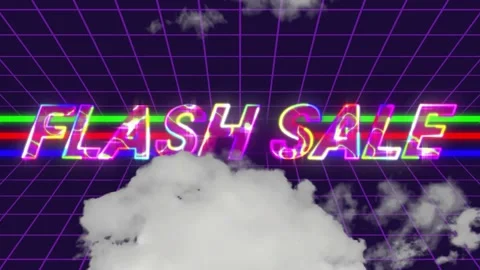 Clouds revealing letters starting FLASH SALE emerging and glitching over purple Vídeos de archivo 329114689