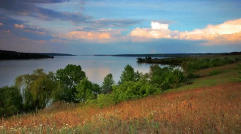 Clouds, river and hills. Shot with slider. Stock Footage 5214292
