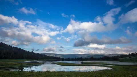 Clouds run on the background of a lake in the mountains time lapse Siberia Stock Footage 93872612