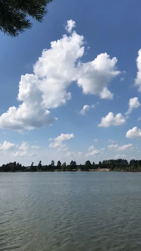 Clouds running across the sky over the lake. Vertical video Stock Footage 247396506