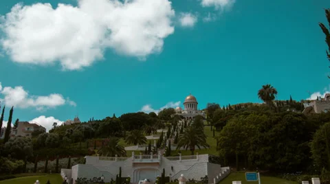 Clouds running over Bahai Temple, Haifa, Israel Stock Footage 34680425