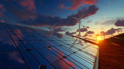 Clouds running over solar panel field amazing sunset Stock Footage 171453339