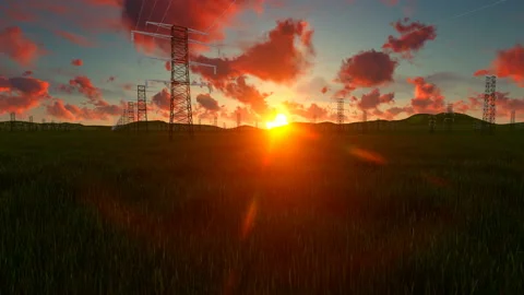 Clouds running at sunset over Electricity Pillars field Stock Footage 152169023