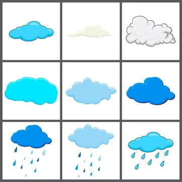 Clouds set. clear and with rain.  Cloud icon, cloud shape. Set of different c Stock Illustration