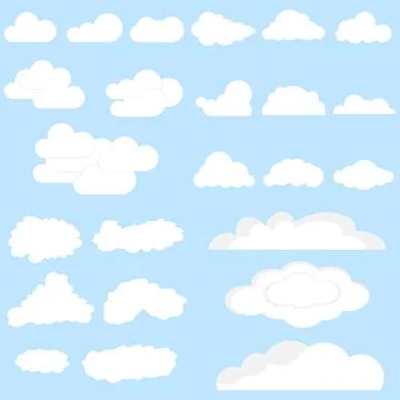 Clouds, set of clouds. Realistic white clouds on a blue background. Flat Stock Illustration
