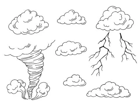 Clouds set graphic tornado lightning black white isolated illustration vector Stock Illustration