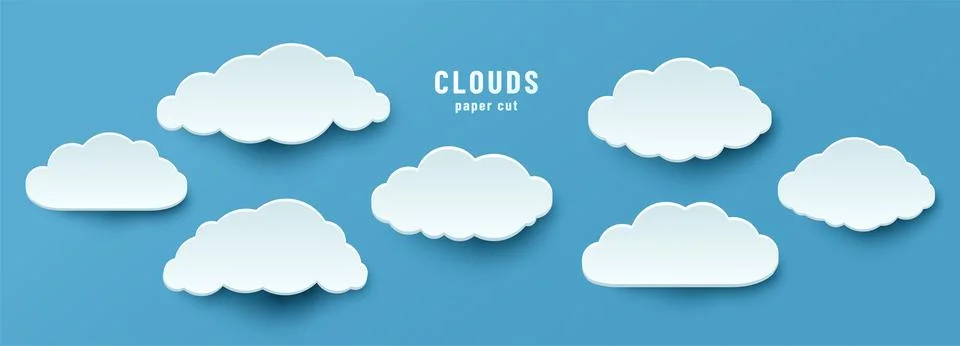 Clouds set in paper cut realistic 3d style vector illustration. Cloud symbol for Illustrazione stock