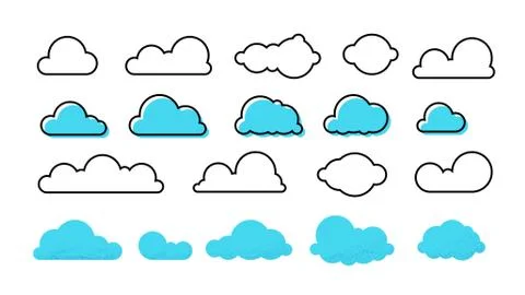 Clouds set. Trendy different flat clouds with grunge texture and outline shapes Illustration