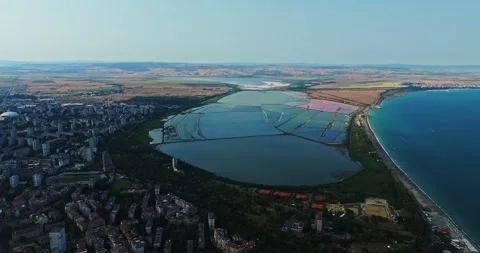 Clouds Shading Large Salt Flats Vibrant Blue Pink In Burgas Bulgaria High Video stock 289419214
