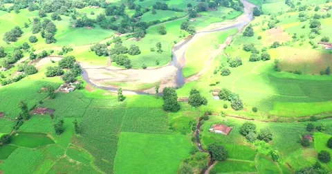 Clouds Shadow Moving On Green Forest Agriculture With Village Reveal Aerial Stock-Footage 154861380