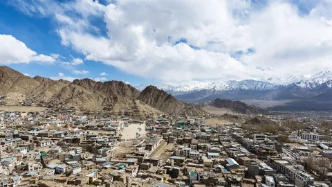 Clouds, Shadows and People activity Time-lapse of Leh city in Ladakh Region, Ind Stock Footage 97808925