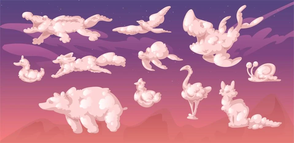Clouds in shape of animals on sunset sky Stock Illustration
