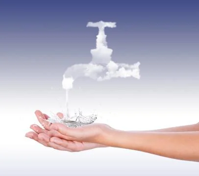 Clouds with the shape of the tap pouring water on the palms of the hands Stock Photos