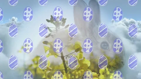 Clouds shifting, rabbit shape emerging behind yellow stalk, egg grid staying Stock Footage 329835845