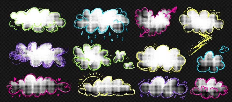 Clouds Simple white clouds with halftone texture set. Cute and kawaii elements イラスト素材