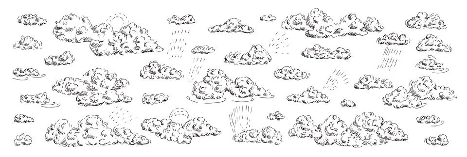 Clouds sketch with wind, rain and sun beams. Sky with different weather elements Stock Illustration