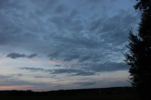 Clouds in the sky after sun set with a tree in the foreground Stock Photos