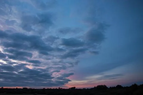 Clouds in the sky after sunset and trees on the horizon Stock Photos