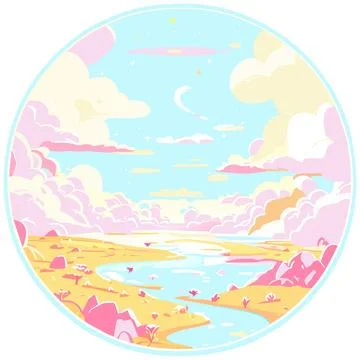 Clouds sky on desert oasis river golden land sands fairy tale fantasy vector イラスト素材