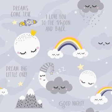 Clouds sky night scene pattern design for kids nursery Stock Illustration