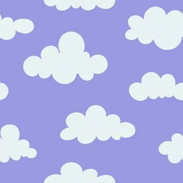 Clouds in the sky seamless pattern. Naive groovy lavender Background. Doodle sky Illustrazione stock