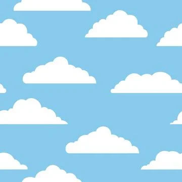 Clouds in the sky seamless pattern. Various clouds shapes silhouette on blue Stock Illustration