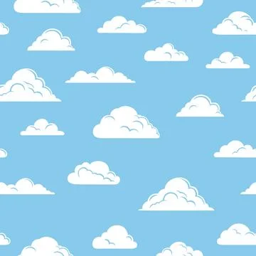 Clouds in the sky seamless pattern. Various clouds shapes silhouette on blue Stock Illustration