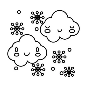 Clouds sky with snowflakes kawaii comic character line style Stock Illustration