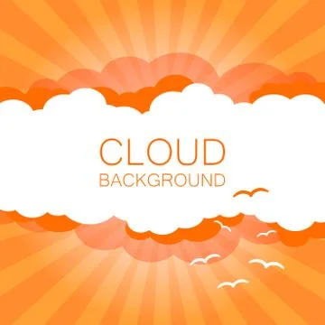 Clouds in the sky with sun rays. Flat vector illustration in cartoon style. O Illustrazione stock