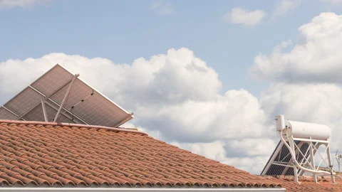 Clouds solar panels rooftops Stock Footage 219679421