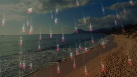Clouds spawning binary code rain engulfing friends sitting on sandy beach Stock Footage 313093954