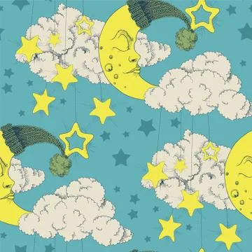 Clouds, stars and crescent vector seamless pattern 스톡 일러스트