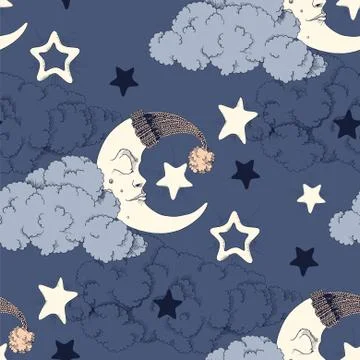 Clouds, stars and crescent vector seamless pattern Stockillustratie