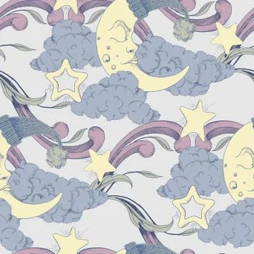 Clouds, stars and crescent vector seamless pattern Stockillustratie