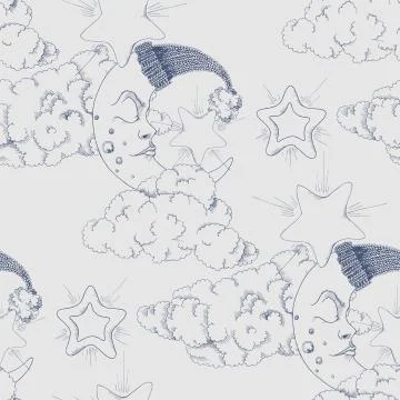 Clouds, stars and crescent vector seamless pattern イラスト素材