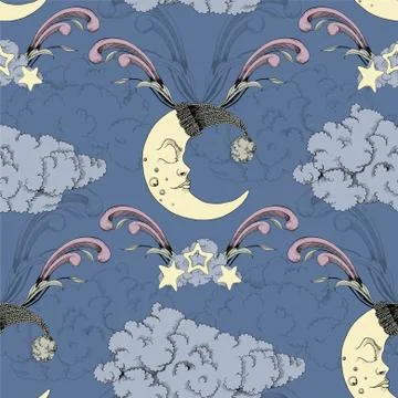 Clouds, stars and crescent vector seamless pattern 스톡 일러스트