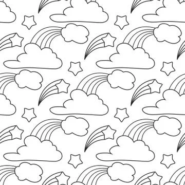 Clouds, stars, rainbow seamless pattern. Cartoon pattern for kids coloring book Stock Illustration