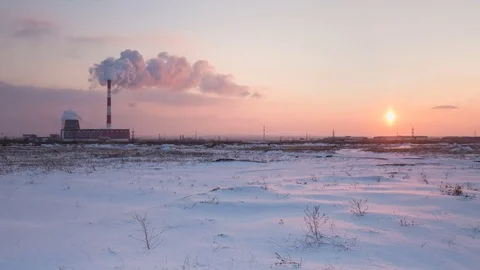 Clouds of steam cogeneration plant over winter evening at sunset Stock Footage 72249356