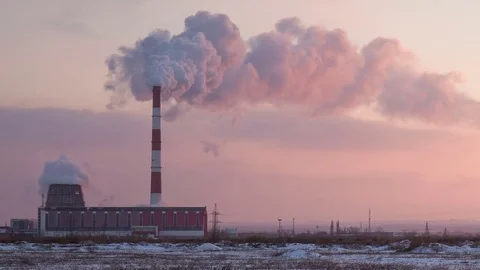 Clouds of steam cogeneration plant over winter evening at sunset Stock Footage 72249397