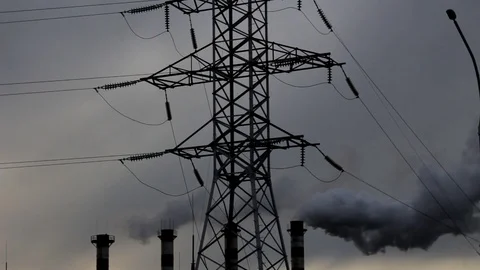 Clouds of steam from pipes on a dark sky. Stock Footage 129522276