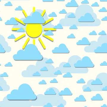 Clouds with sun backdrop. Vector illustration. Abstract cartoon cloudscape .. Stock Illustration