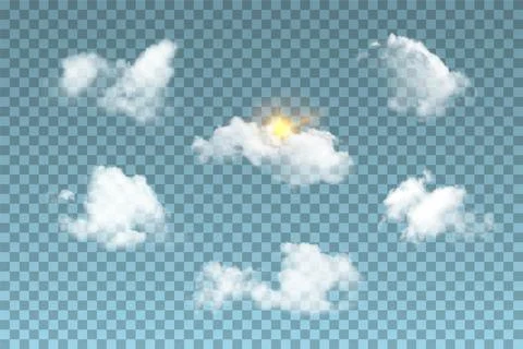 Clouds with sun in sky set on blue transparent background. Realistic fluffy 스톡 일러스트