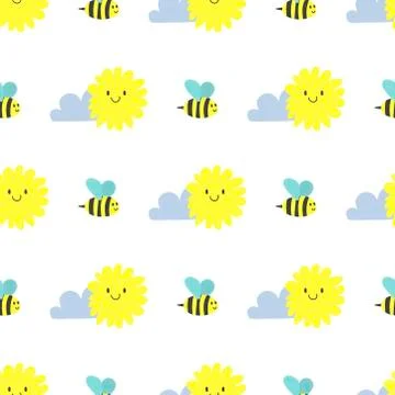 Clouds sun weather bee vector cloudy summer blue sky season design seamless Stock Illustration