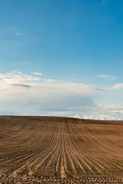 Clouds on a sunny summer day over agricultural fields. A beautiful hilly fiel Fotos Stock