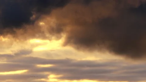 Clouds at sunrise with dark smoke - sky in Real Time - Cloudscape with birds Stock Footage 143238449