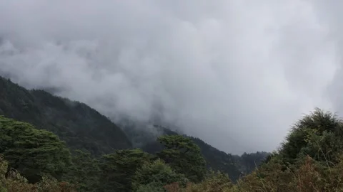 Clouds surge up from the bottom of the valley. Closeup of Rolling hills. Stock Footage 278283187