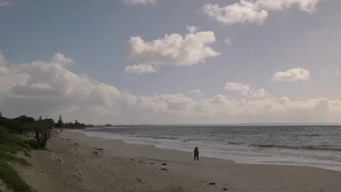 Clouds sweep over waters of Indian Ocean. Walkers and dogs zip up beach. Stock Footage 284312639