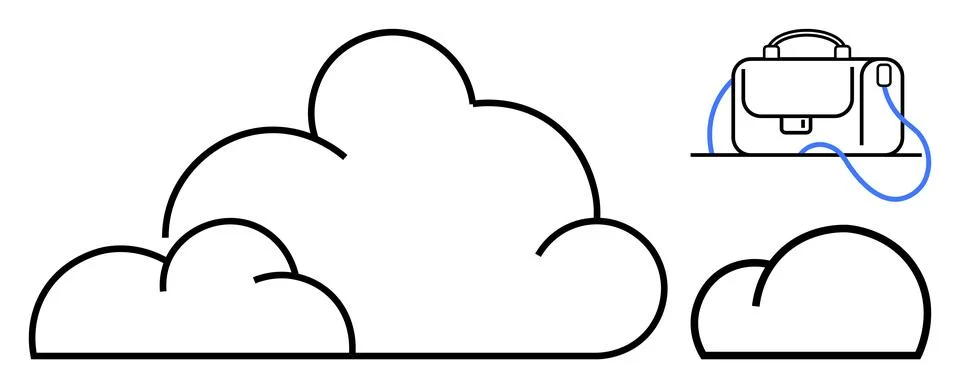 Clouds symbolizing data storage and a work bag connected by a cord. Ideal for Stock Illustration