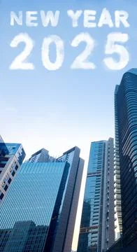 Clouds with text of New Year 2025 with modern building and skyscrapers back.. Fotos de archivo